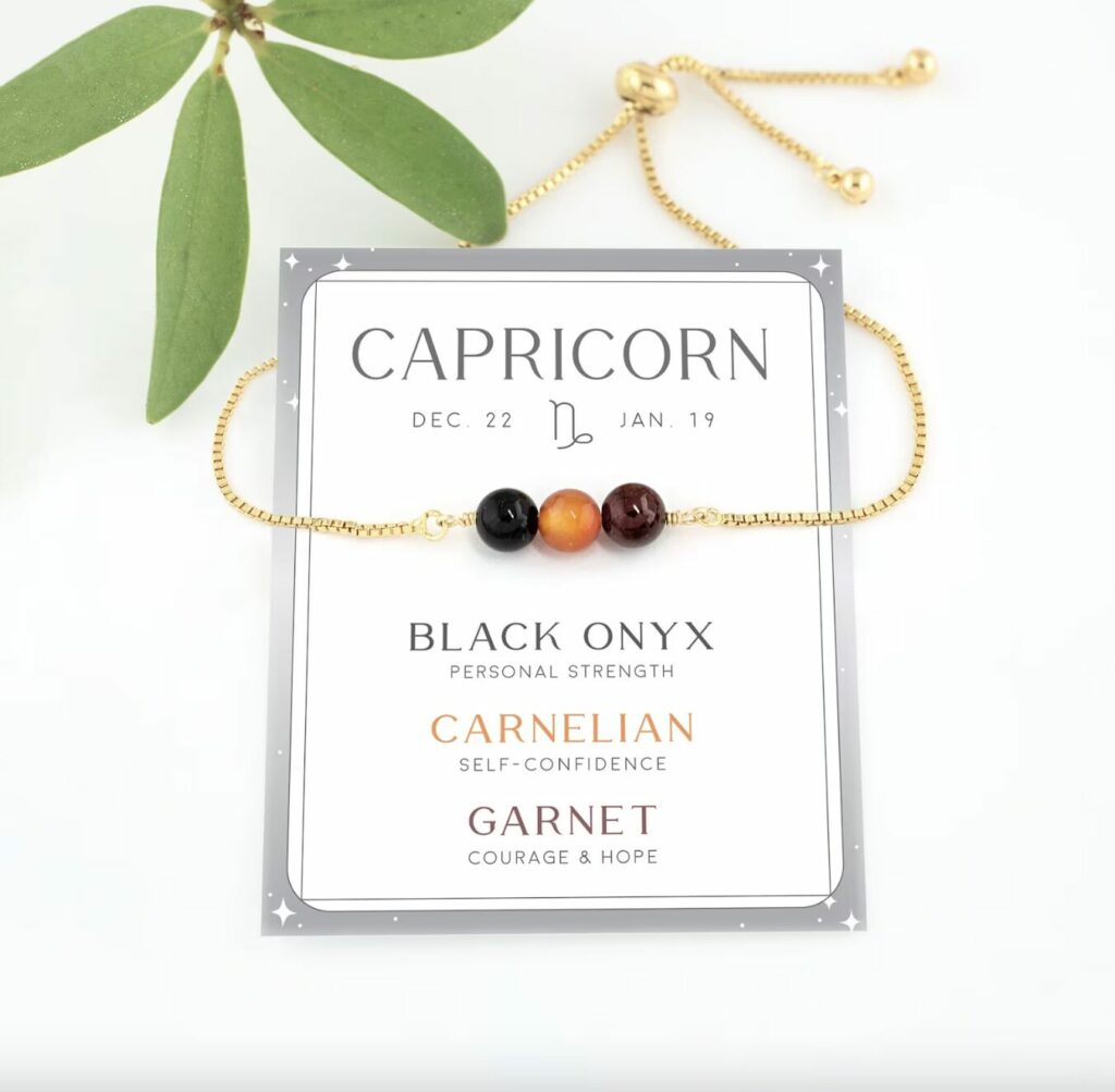 Capricorn birthstone bracelet with black onyx, carnelian and garnet to keep you grounded